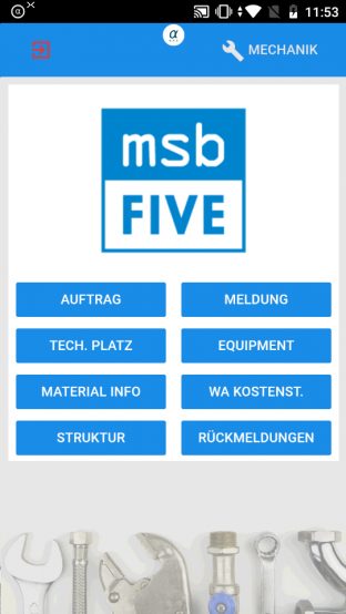 Mobile SAP-Transaktion: Instandhaltung mit MSB FIVE – Menü